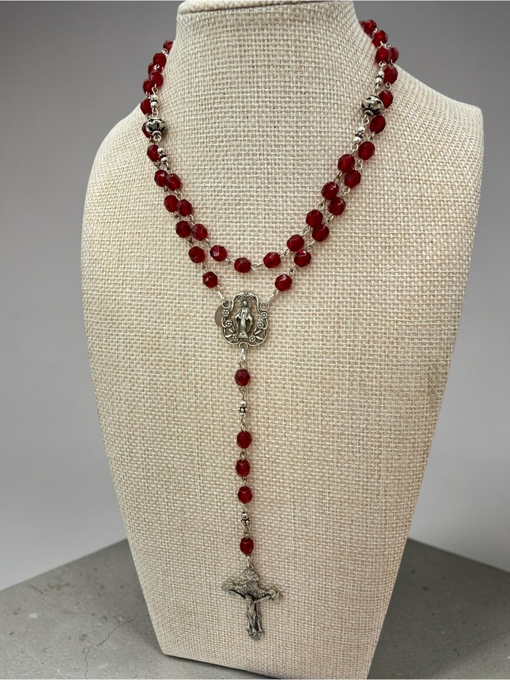 Donna Dressler Sterling Silver Ruby Crystal Rosary Crucifix VTG Tagged 26” w 6”D - Picture 3 of 17